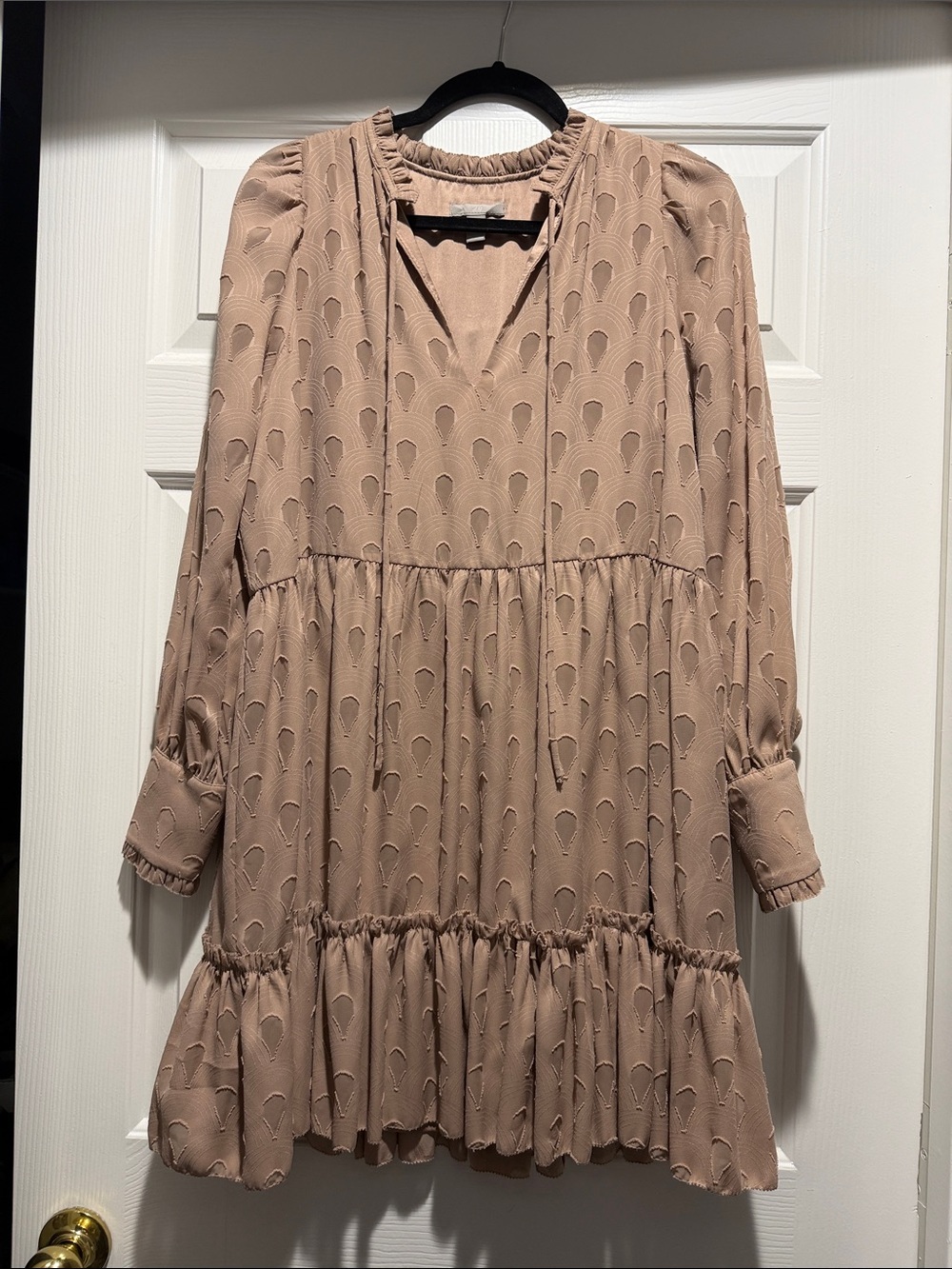 H & M Tiered Long-Sleeve V-Neck Mini Dress in Tan Rose